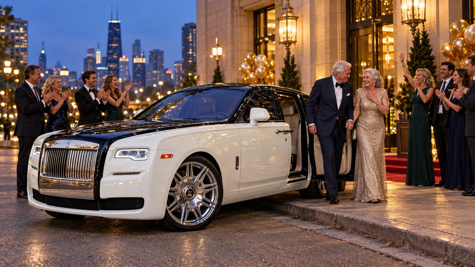 An older couple arrives for an anniversary dinner in a two-tone Rolls-Royce Ghost
